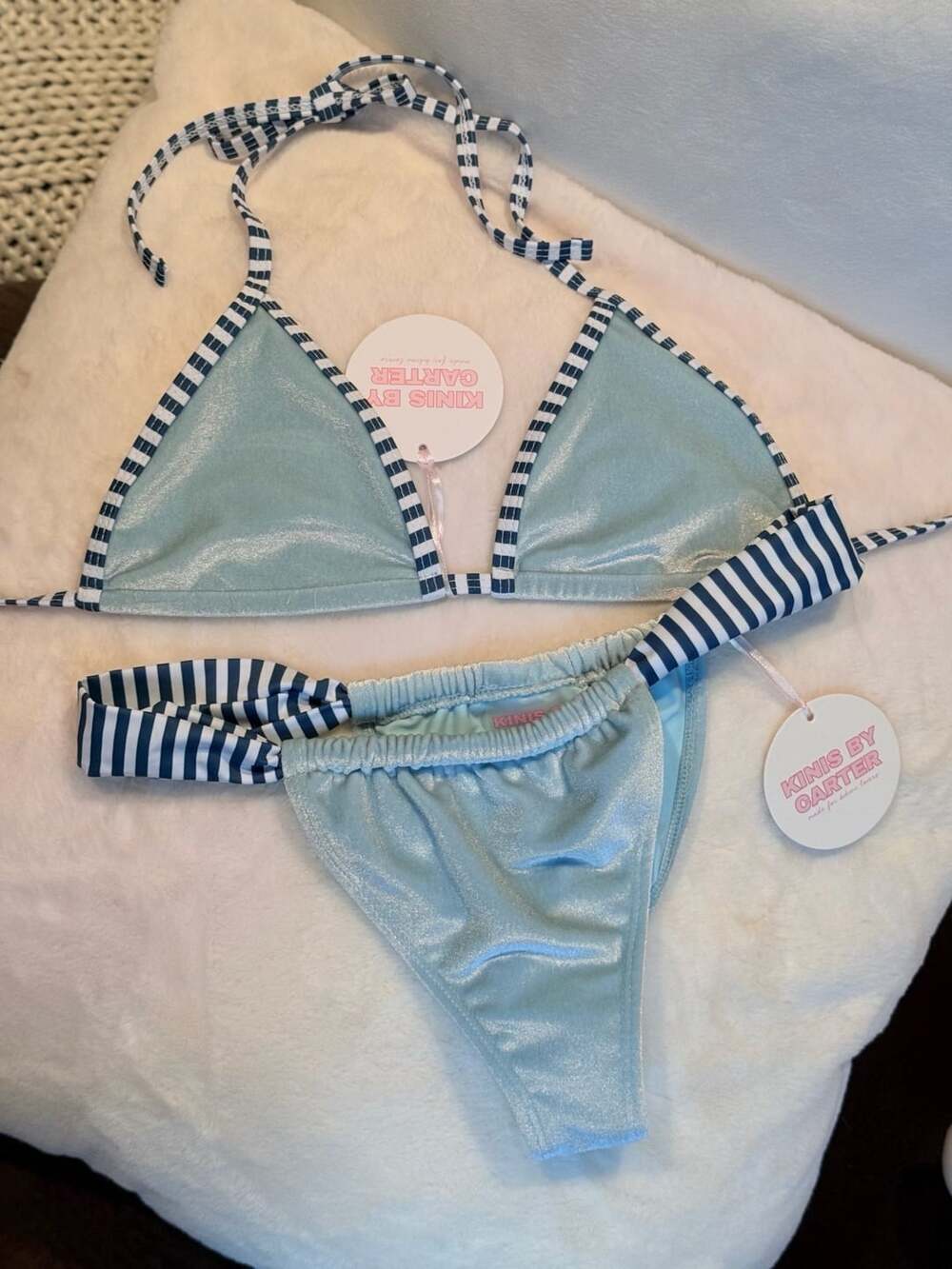 Kinis By Carter Ocean Dip Blue Velvet Striped Bikini Set NEW With Tags Size S